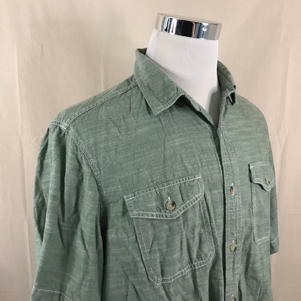 Woolrich XL Chambray Casual Shirt Green Cotton Short Sleeve Button Front Mens